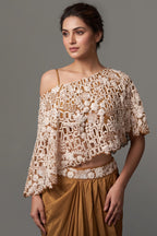 Mustard Brown and Beige Sequin Embroidered One Shoulder Crop Top with Dhoti Skirt Set