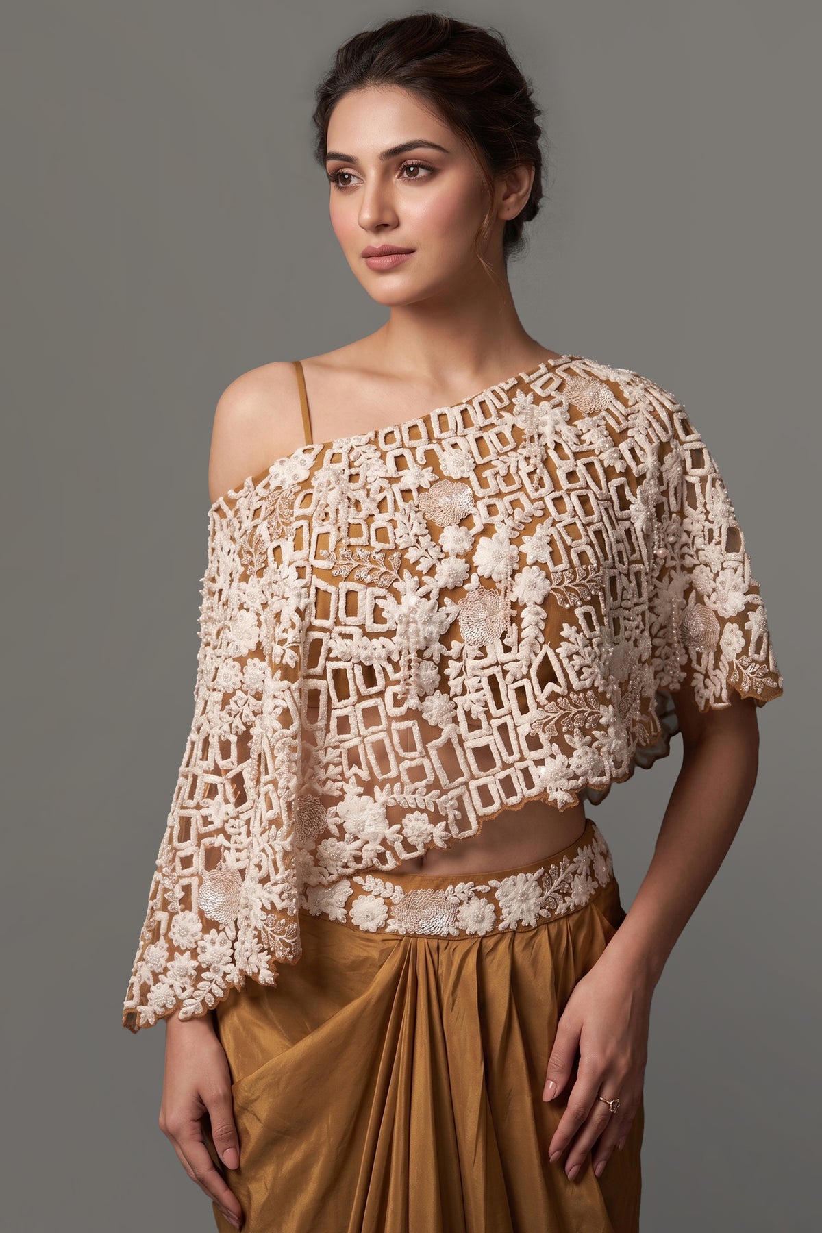 Mustard Brown and Beige Sequin Embroidered One Shoulder Crop Top with Dhoti Skirt Set