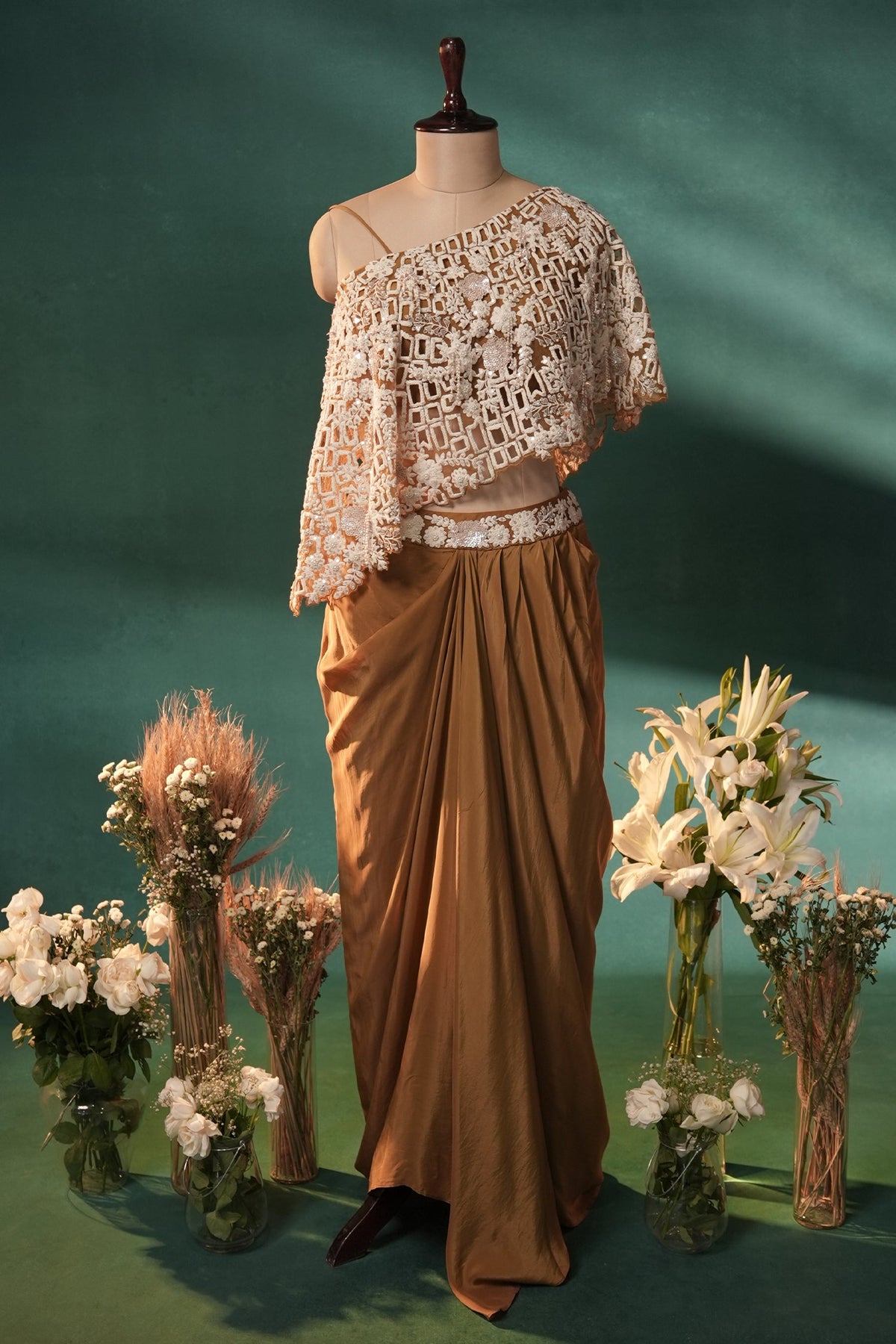Mustard Brown and Beige Sequin Embroidered One Shoulder Crop Top with Dhoti Skirt Set