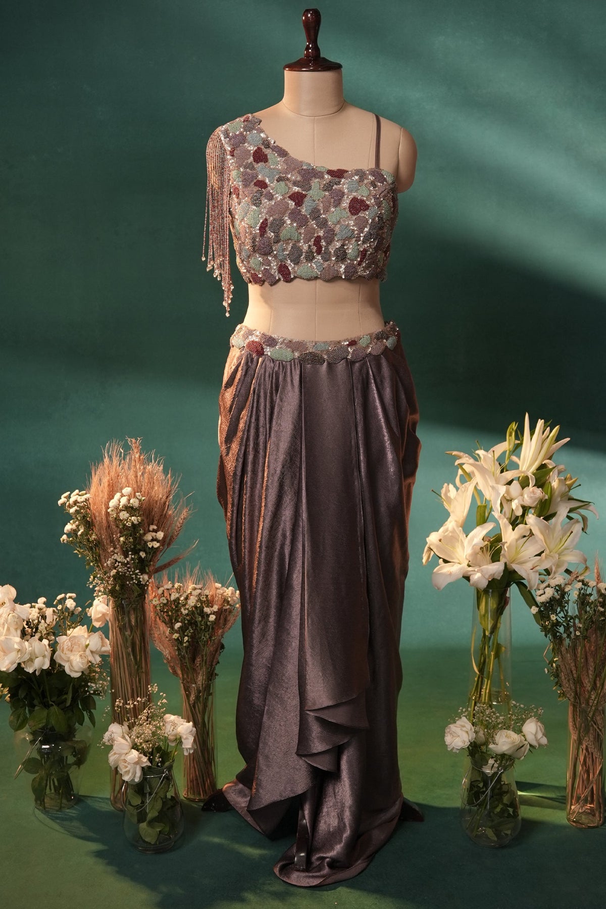 Dusky Purple Organza One Shoulder Crop Top Dhoti Skirt Set with Beaded Fringe Detailing