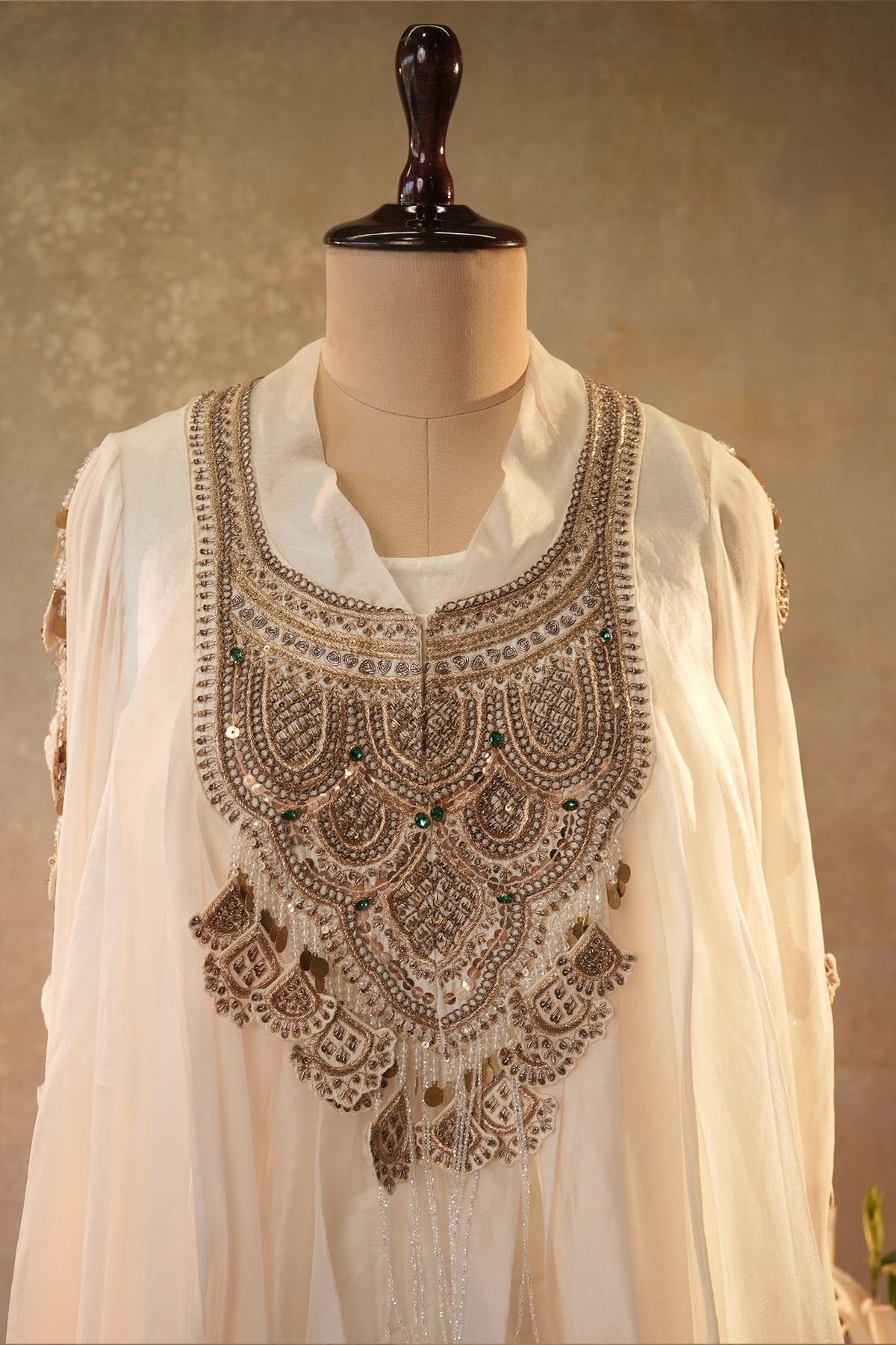 Off White Georgette Organza Asymmetric Sequinned Top and Dhoti Skirt Set