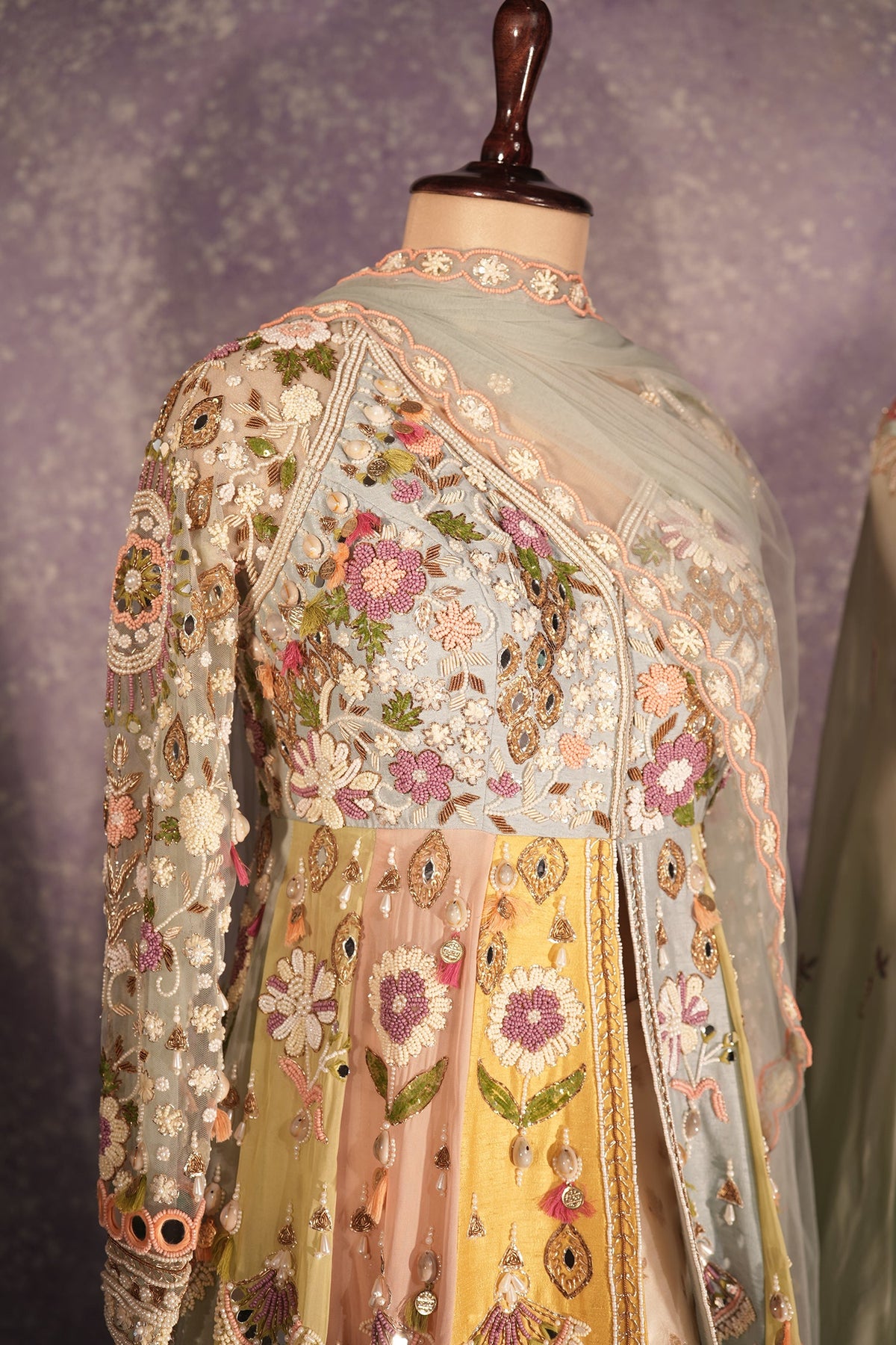 Mult Colored Organza Designer Handworked Slit Cut Lehenga Suit