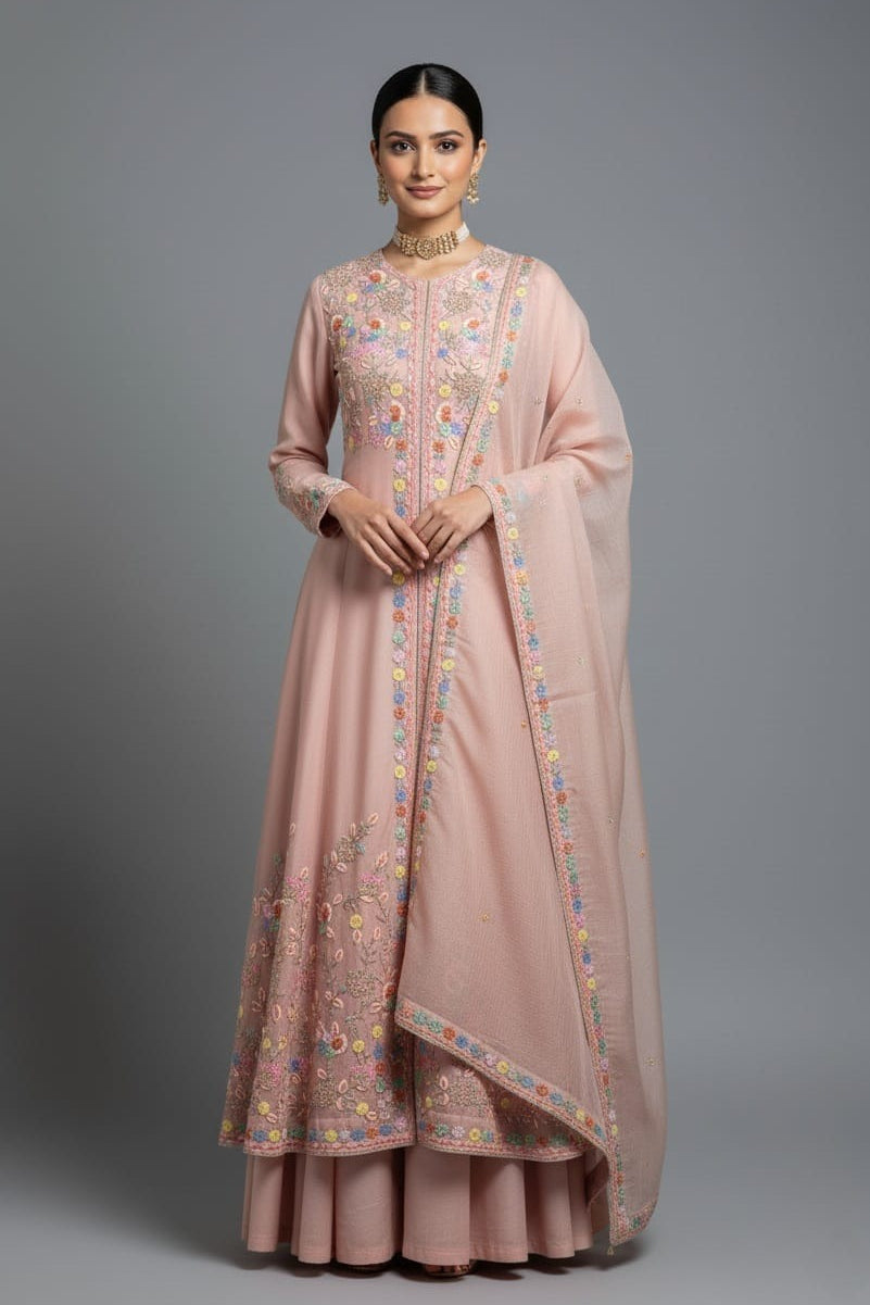 Light Pink Tissue Beaded and Sequin Worked Slit Cut Palazzo Suit