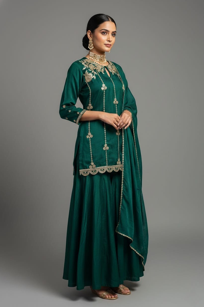 Bottle Green Satin Organza Gota Worked Lehenga Suit