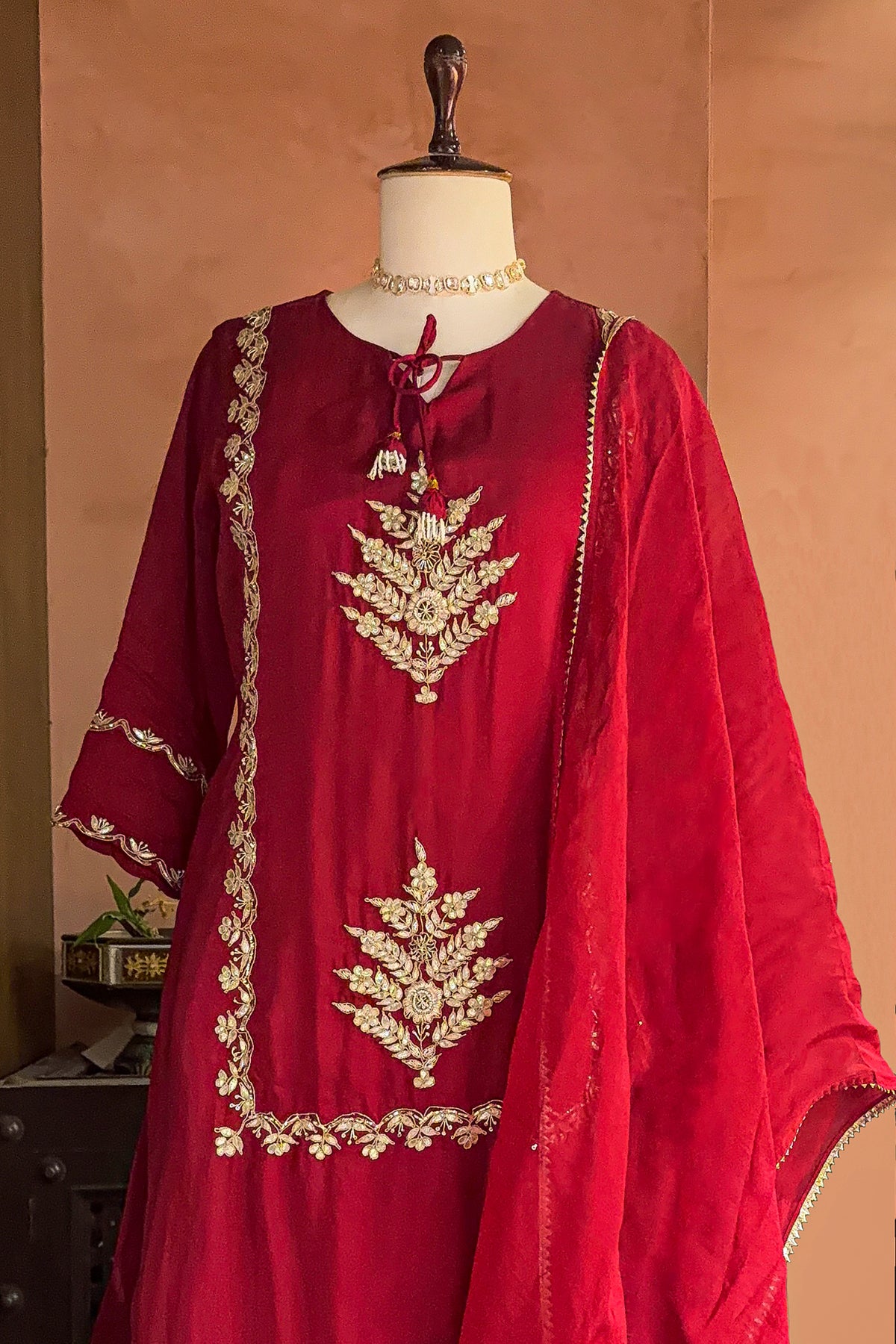 Red Satin Organza Gota Worked Lehenga Suit