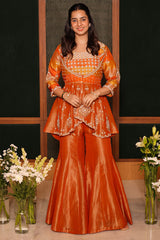 Rust Orange Tissue Indo Western Peplum Sharara Set with Sequin and Beads Work