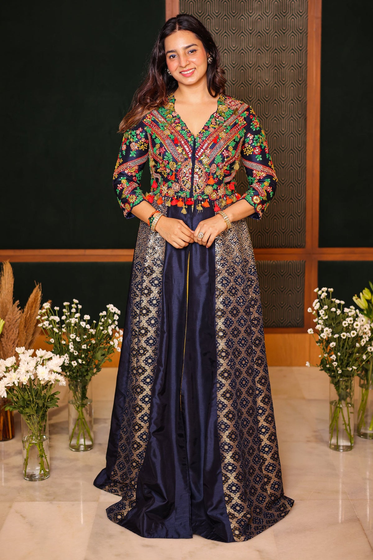 Blue Silk Sequin Embroidered Slit Cut Indo Western Set