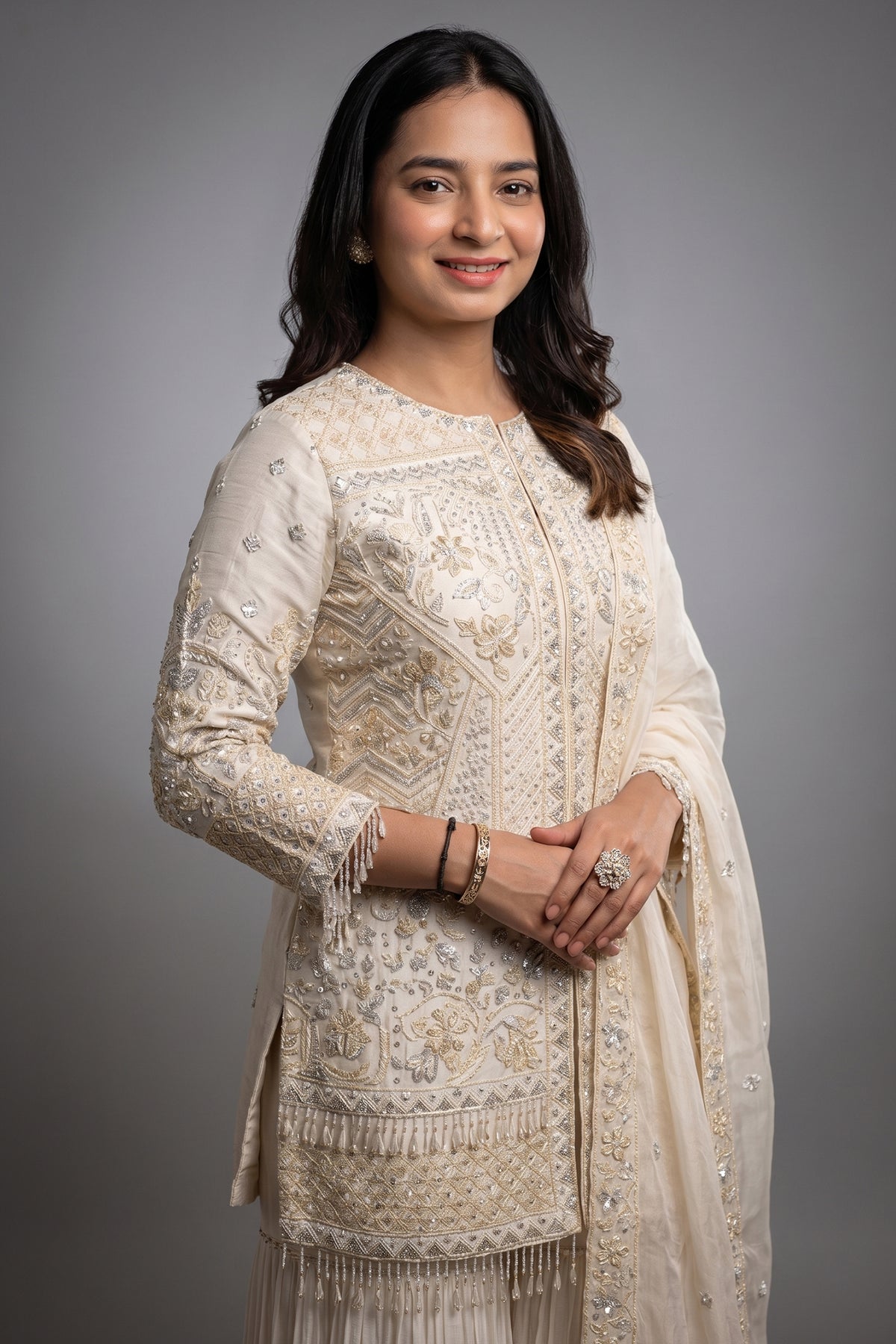 Pearl White Organza Sequinned and Beaded Work Sharara Set