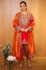 Red Matka Silk Zardosi and Sequinned Worked Suit