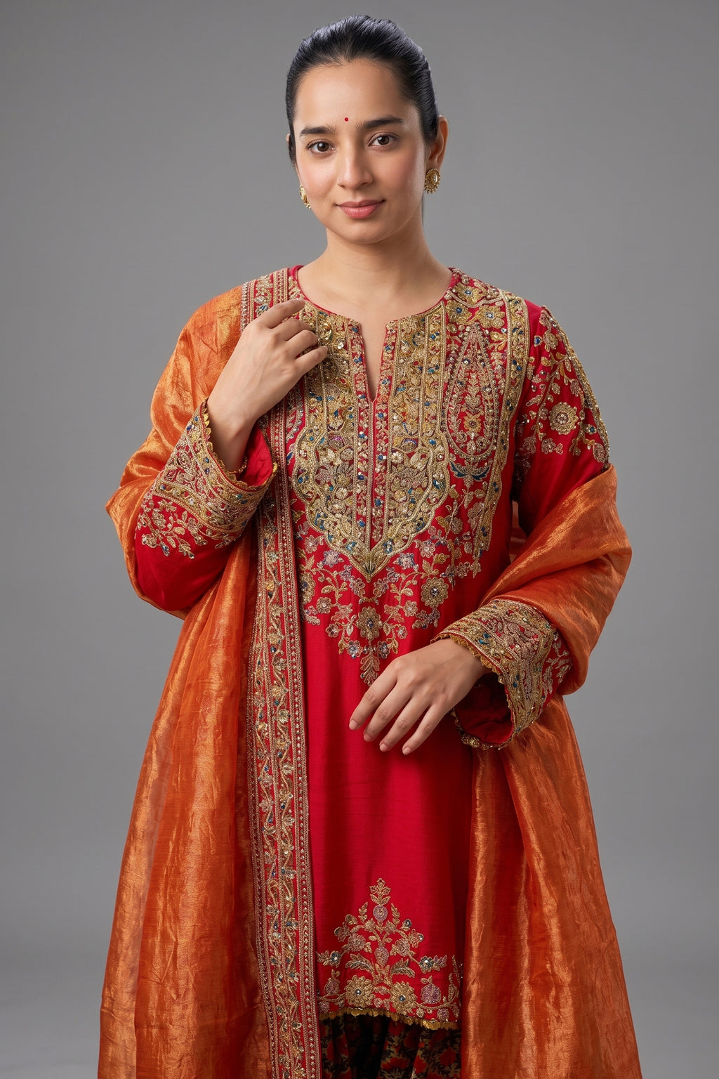 Red Matka Silk Zardosi and Sequinned Worked Suit