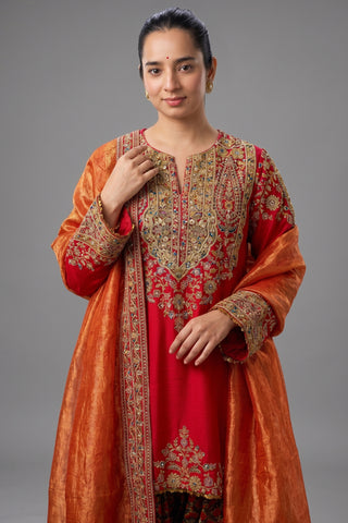 Red Matka Silk Zardosi and Sequinned Worked Suit