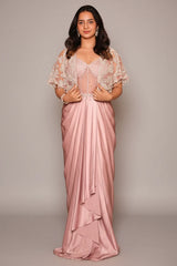 Light Pink Satin Net Beaded Draped Fancy Corset Dress with Cape Jacket