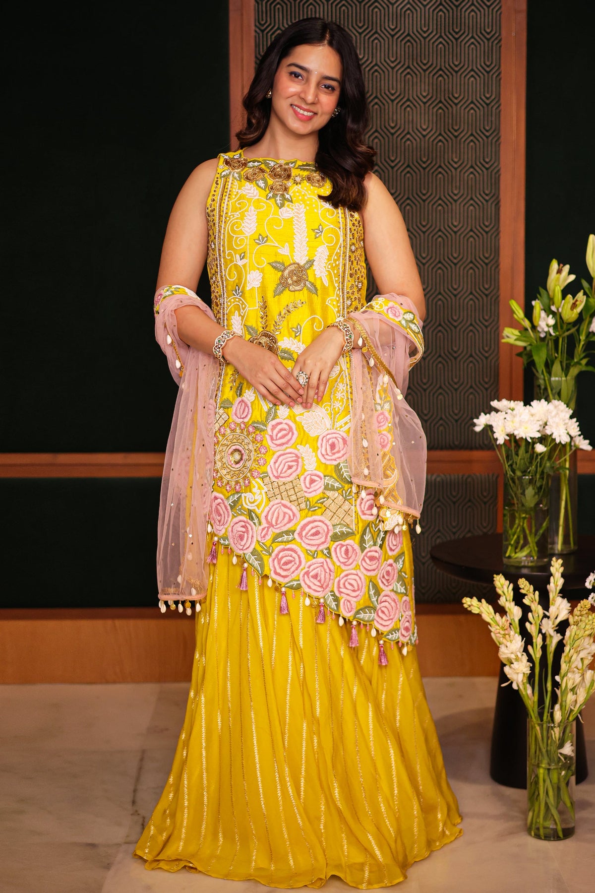 Yellow Raw Silk Asymmetric Floral Embroidered and Bead Worked Palazzo Suit