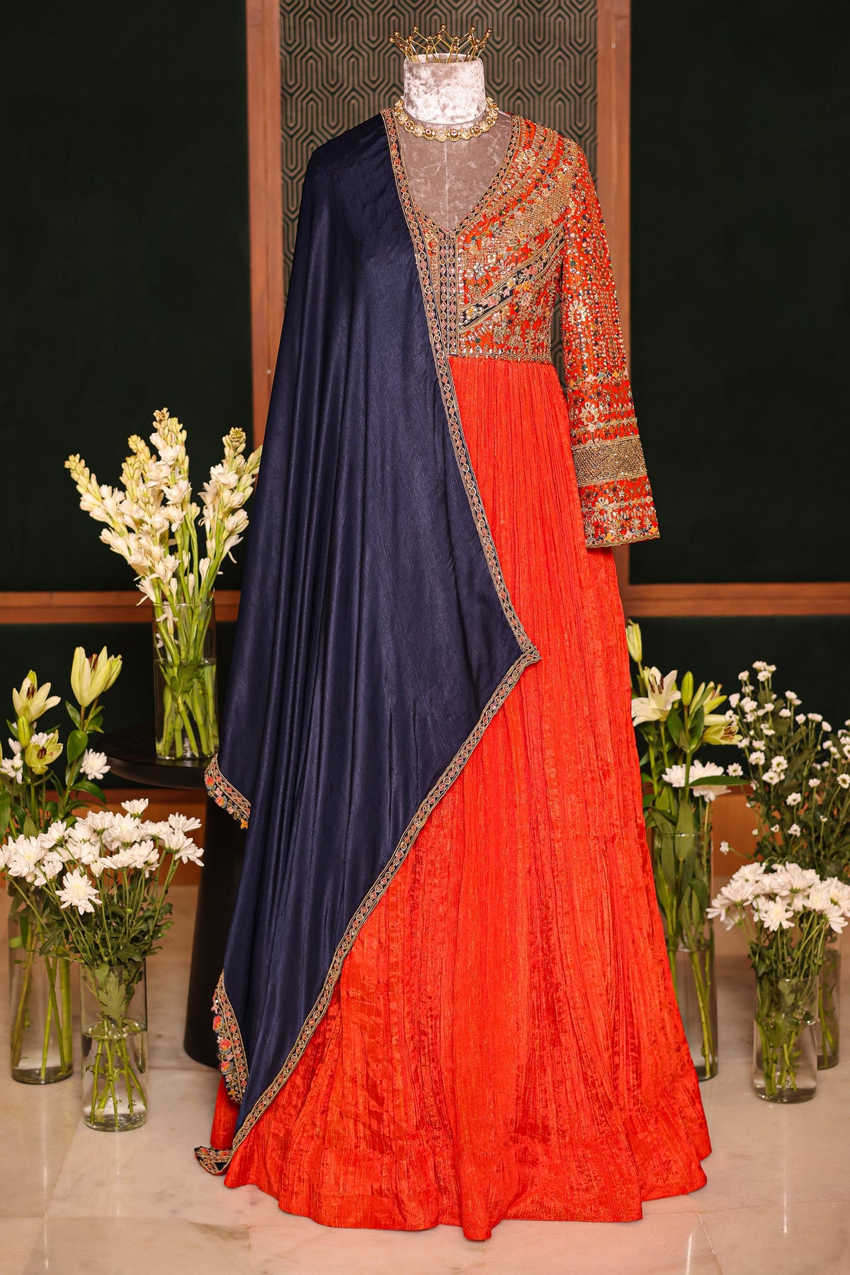 Rust Orange Tissue Crush Printed and Sequinned Work Bodice Anarkali Suit