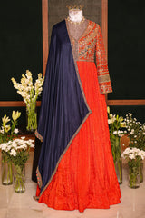 Rust Orange Tissue Crush Printed and Sequinned Work Bodice Anarkali Suit