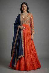 Rust Orange Tissue Crush Printed and Sequinned Work Bodice Anarkali Suit
