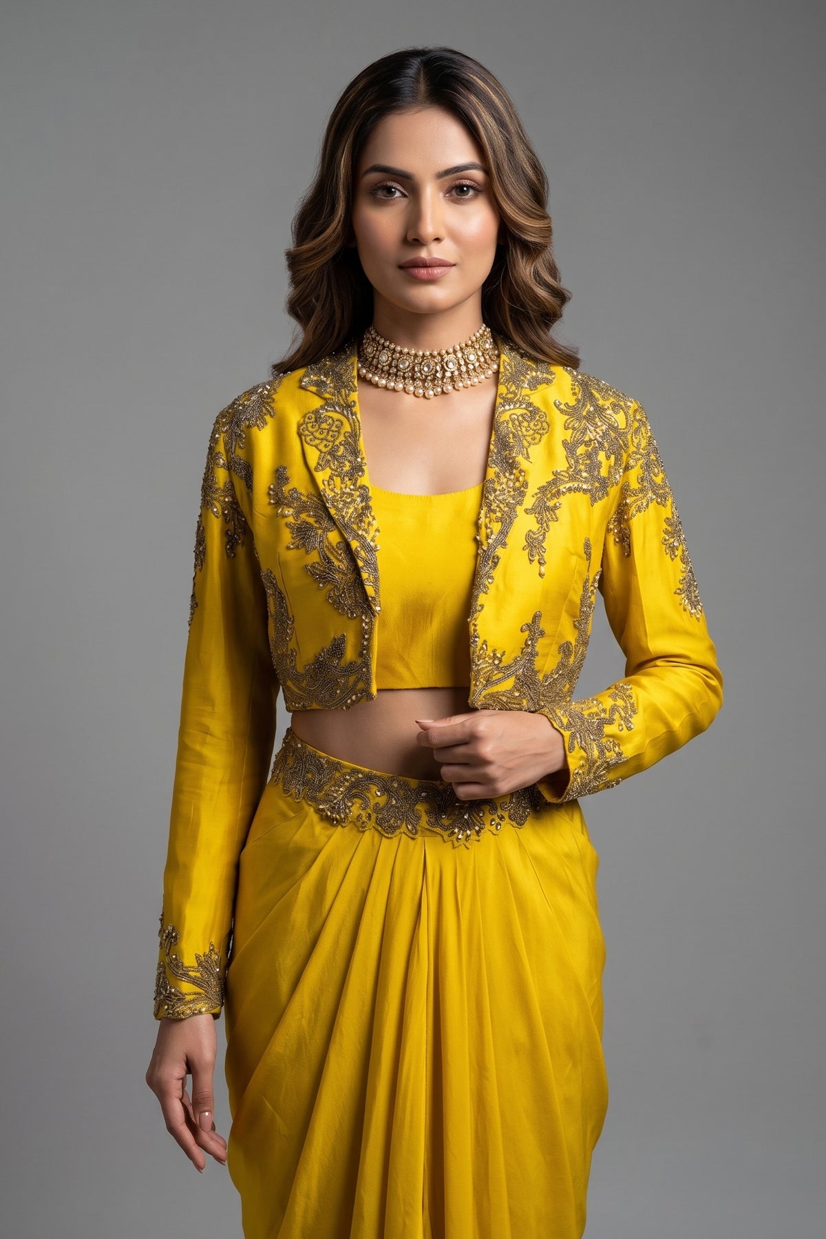 Yellow Organza Beaded Crop Top Skirt Set with Full Sleeved Short Jacket