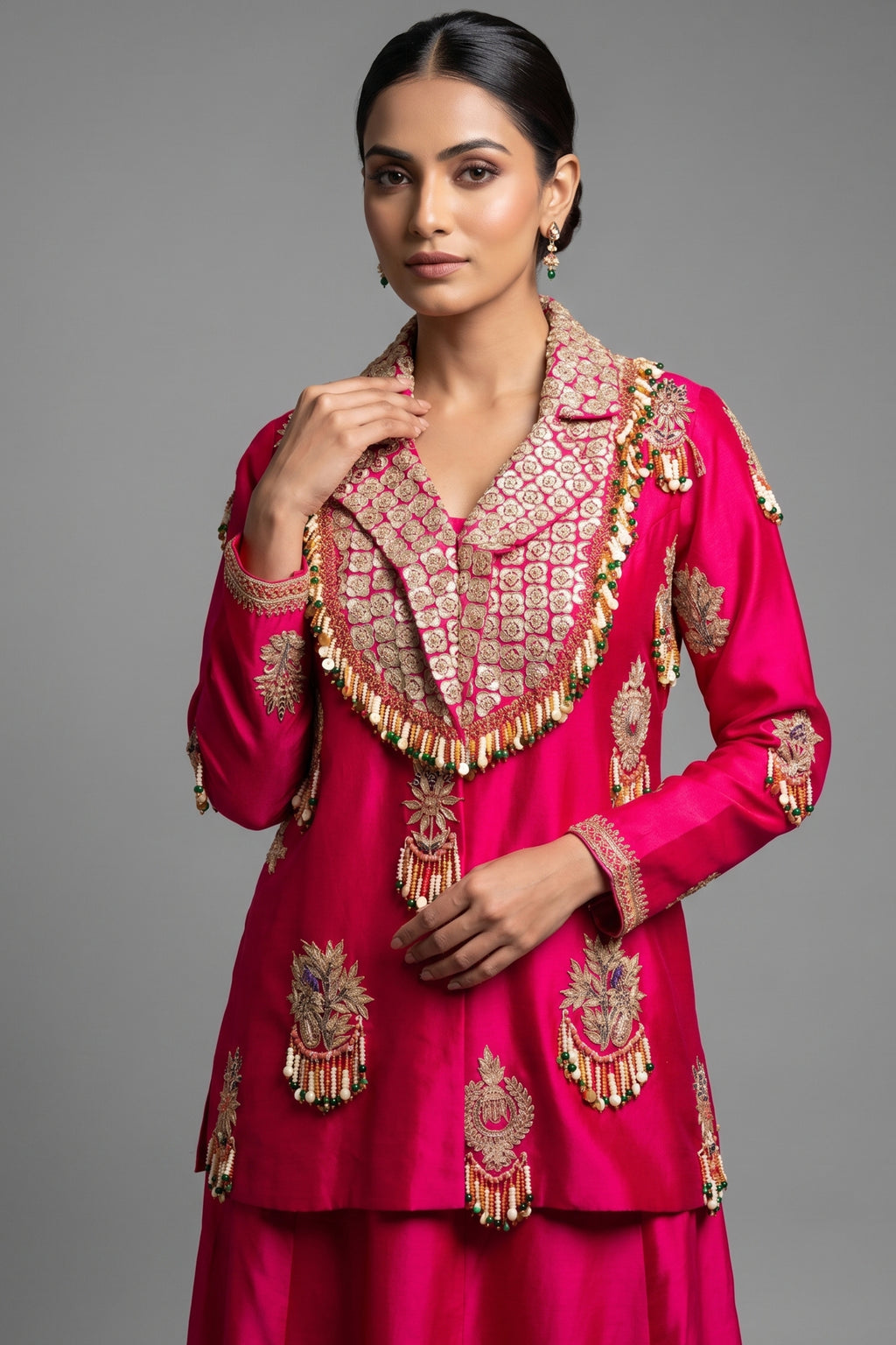 Rani Pink Satin Silk Gota Worked and Sequin Beaded Worked Indo Western Set