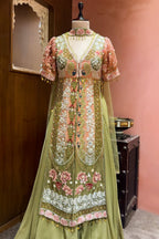 Green and Peach Organza Designer Handworked Slit Cut Suit