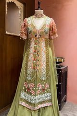 Green and Peach Organza Designer Handworked Slit Cut Suit
