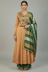 Golden Tissue Silk Anarkali Suit with Sequin and Applique Work