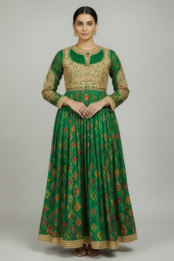 Green Silk Printed Anarkali Suit with Sequin Embroidery Work