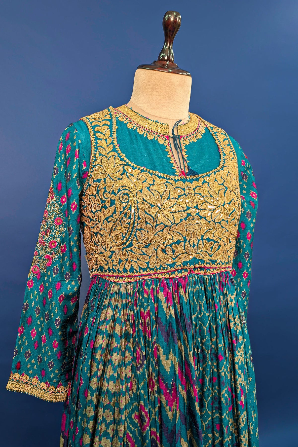Rama Blue Silk Printed Anarkali Suit with Sequin Embroidery Work