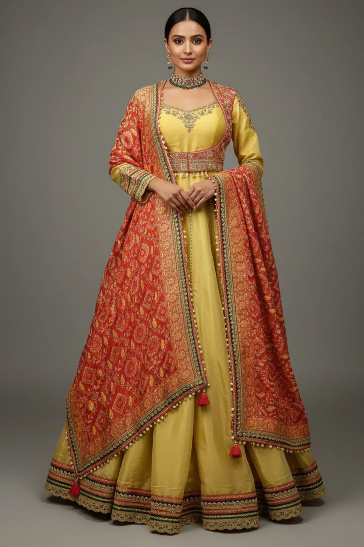 Golden Tissue Designer Anarkali Suit with Bandhej Dupatta