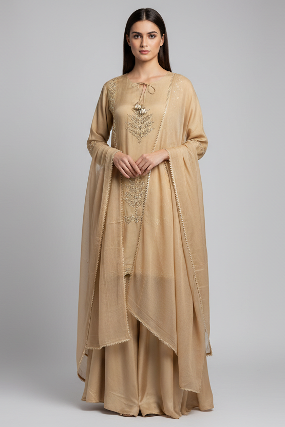 Beige Tissue Gota Worked Palazzo Suit