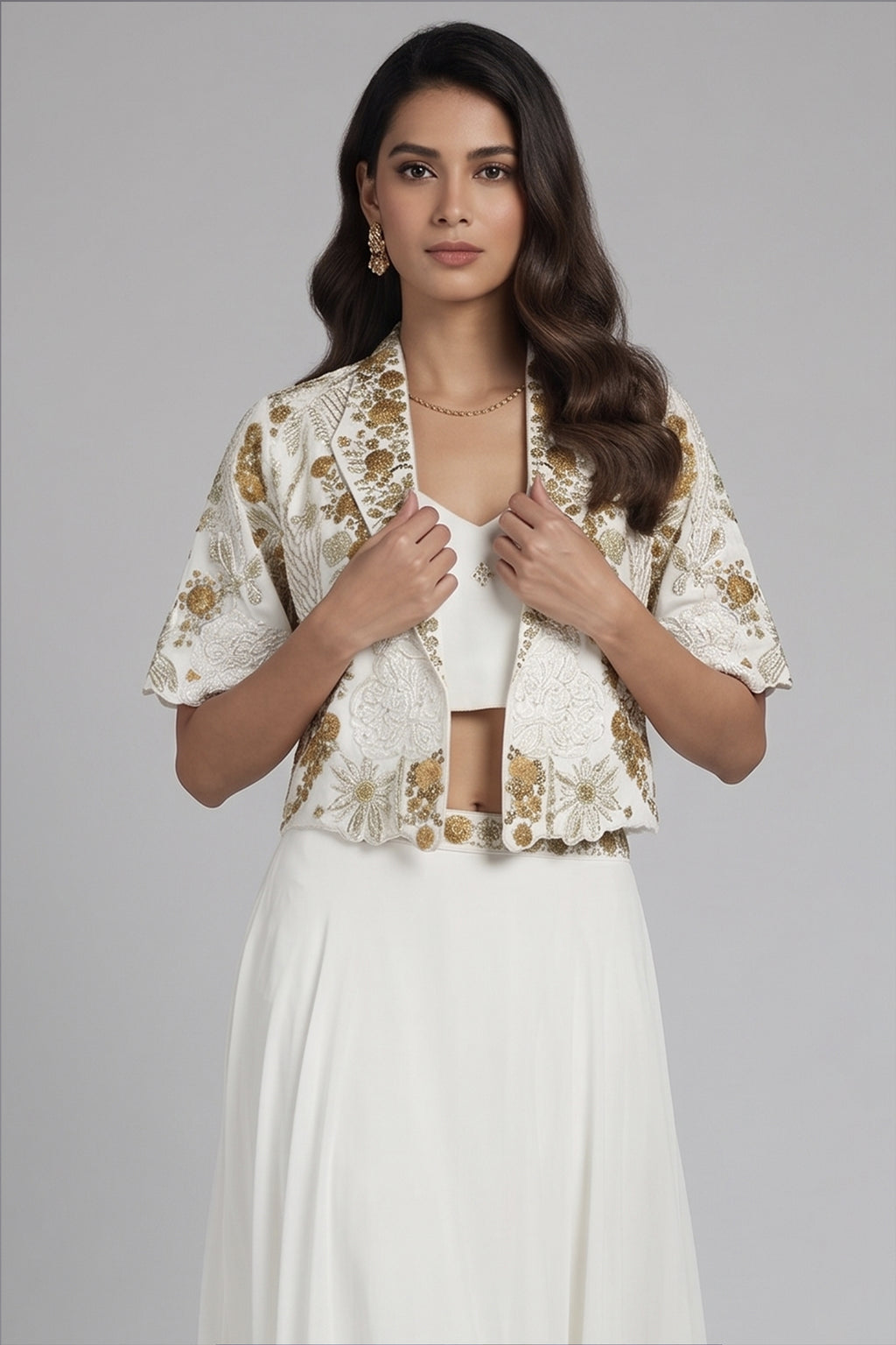 Off White Designer Handworked Crepe Silk Indo Western Set