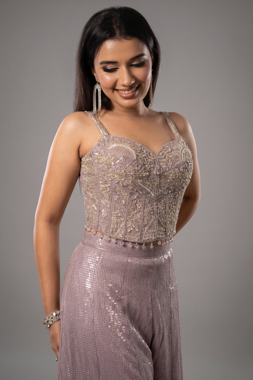 Lilac Purple Net Sequin Cutdana Worked Corset with Palazzo Set