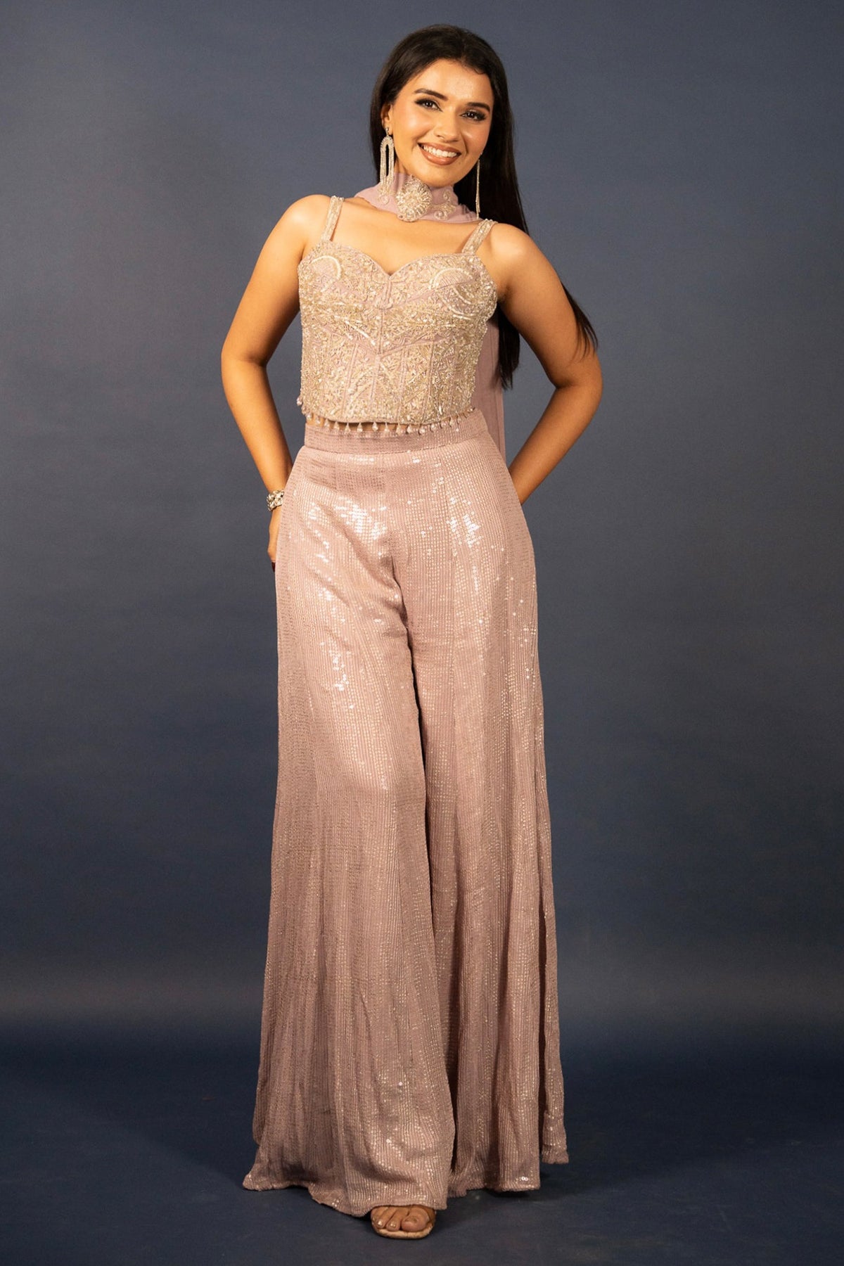 Lilac Purple Net Sequin Cutdana Worked Corset with Palazzo Set