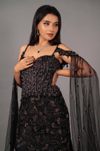 Black Net Sequin Cutdana Worked Gown with Cape