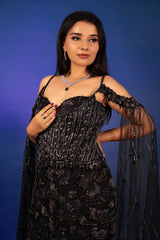 Black Net Sequin Cutdana Worked Gown with Cape