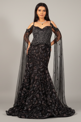 Black Net Sequin Cutdana Worked Gown with Cape