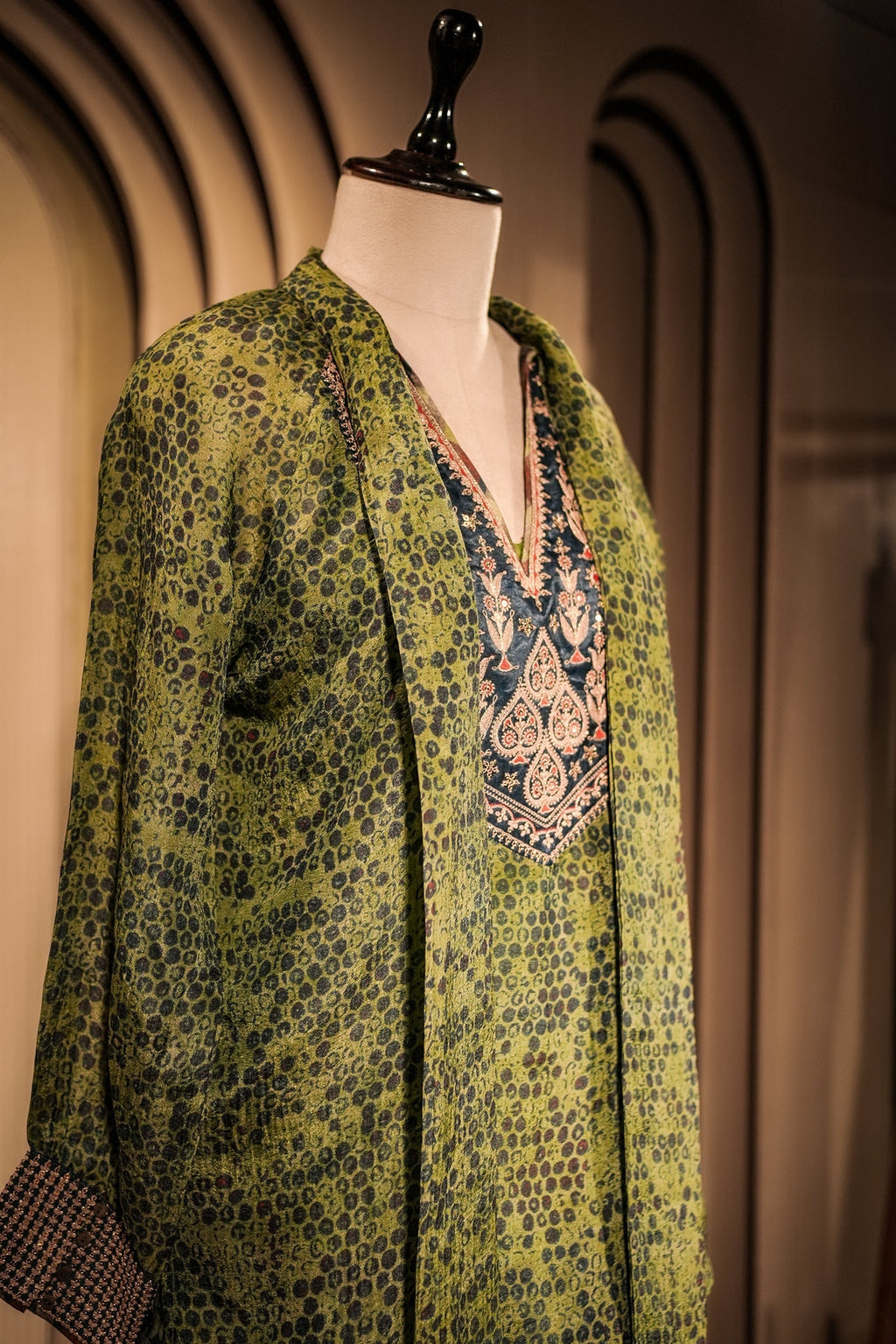 Green Silk Printed Indo Western Set
