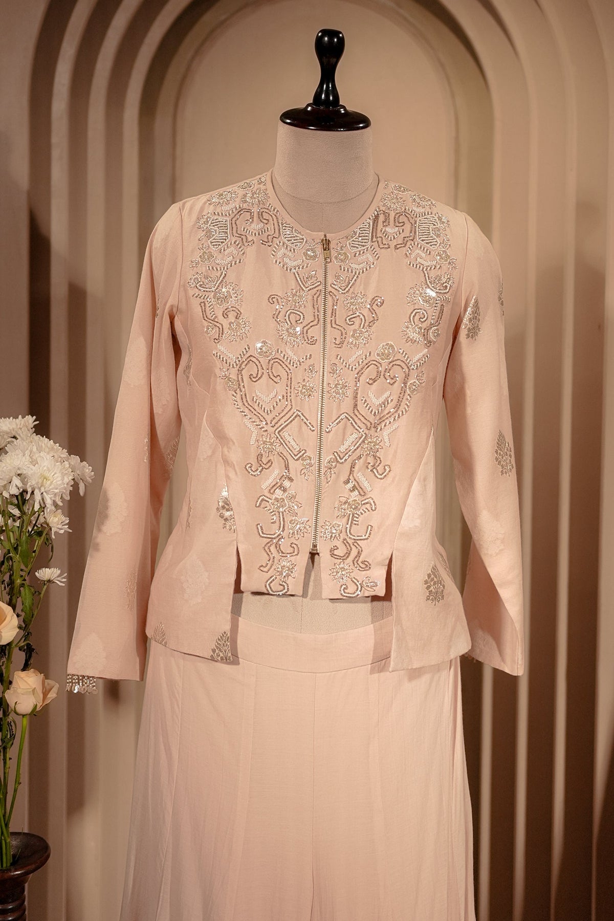 Light Peach Silk Cutdana Beaded Co-Ord Set