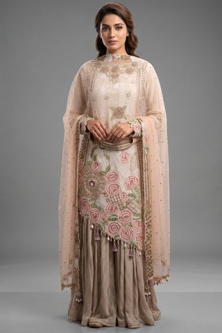 Grey Raw Silk Asymmetric Floral Embroidered and Bead Worked Palazzo Suit