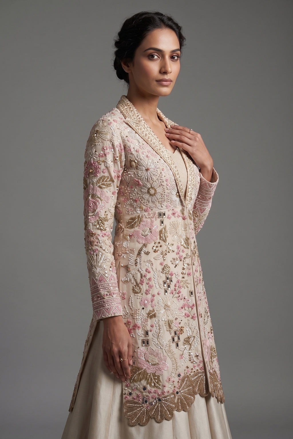 Cream Silk Designer Handworked Indo Western Set