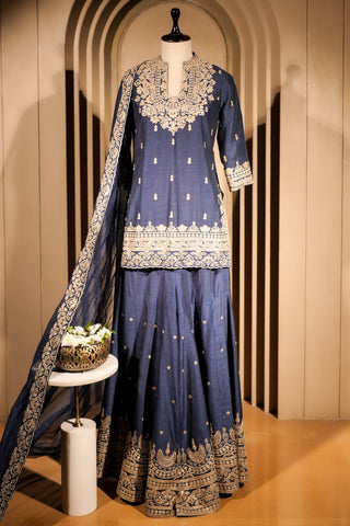 Blue Raw Silk Sequin Embroidered Palazzo Suit