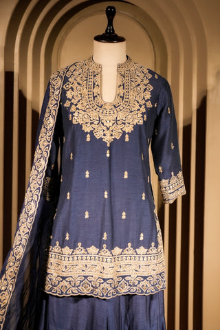 Blue Raw Silk Sequin Embroidered Palazzo Suit