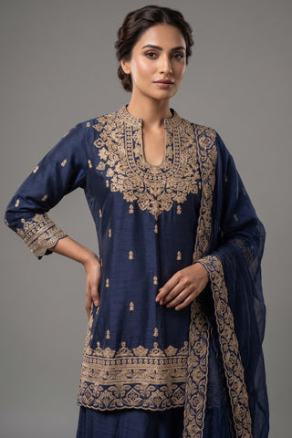 Blue Raw Silk Sequin Embroidered Palazzo Suit