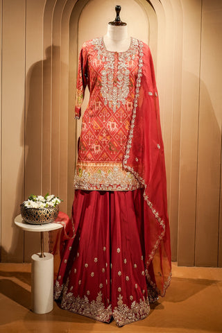 Red Silk Patola Printed Palazzo Suit with Sequin and Beads Work