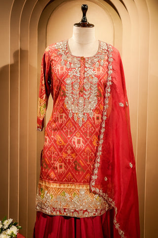Red Silk Patola Printed Palazzo Suit with Sequin and Beads Work