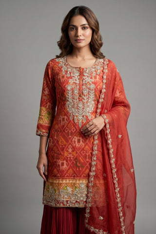 Red Silk Patola Printed Palazzo Suit with Sequin and Beads Work