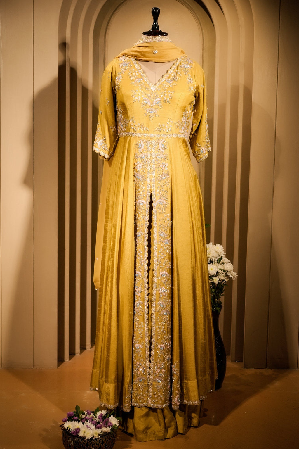 Yellow Raw Silk V Neckline Slit Cut Palazzo Suit with Sequins Work