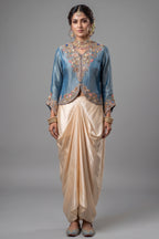 Blue Tissue Silk Embroidered Crop Top and Draped Skirt