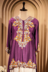 Purple Raw Silk Mirror and Thread Embroidered Top with Draped Skirt
