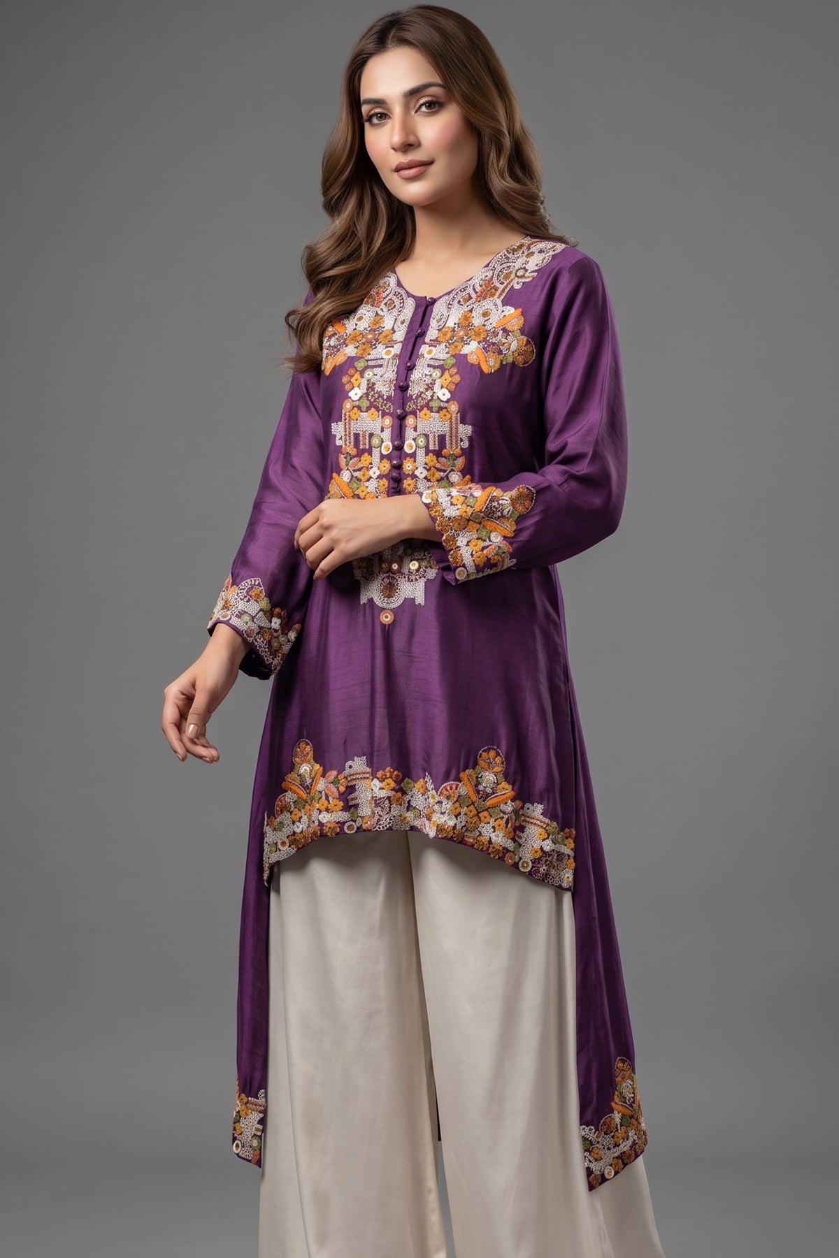 Purple Raw Silk Mirror and Thread Embroidered Top with Draped Skirt