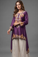 Purple Raw Silk Mirror and Thread Embroidered Top with Draped Skirt